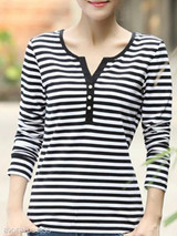 V Neck Single Breasted Stripes Long Sleeve T-Shirts