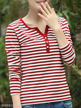 V Neck Single Breasted Stripes Long Sleeve T-Shirts