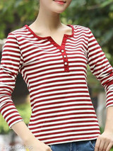 V Neck Single Breasted Stripes Long Sleeve T-Shirts