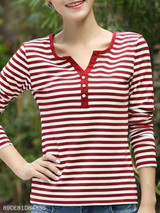 V Neck Single Breasted Stripes Long Sleeve T-Shirts
