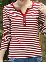 V Neck Single Breasted Stripes Long Sleeve T-Shirts