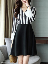 V Neck Single Breasted Striped Skater Dress