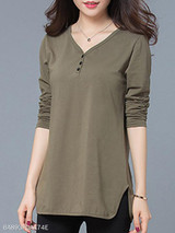 V Neck Side Slit Plain Long Sleeve T-Shirts