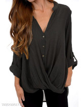 V Neck Single Breasted Patchwork Plain Blouses V Neck Single Breasted Patchwork Plain Blouses