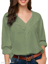 V Neck Loose Fitting Patchwork Plain Blouses