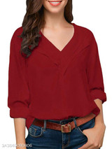 V Neck Loose Fitting Patchwork Plain Blouses