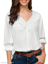 V Neck Loose Fitting Patchwork Plain Blouses