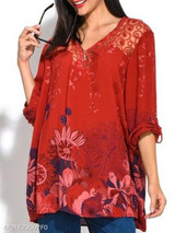 V Neck Loose Fitting Patchwork Print Blouses