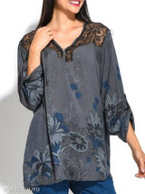 V Neck Loose Fitting Patchwork Print Blouses
