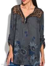 V Neck Loose Fitting Patchwork Print Blouses