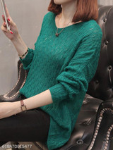 V Neck Loose Fitting Plain Knit Pullover