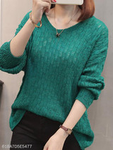 V Neck Loose Fitting Plain Knit Pullover