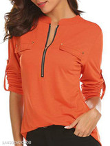 V Neck Loose Fitting Zipper Plain Blouses