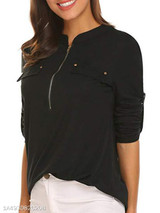 V Neck Loose Fitting Zipper Plain Blouses