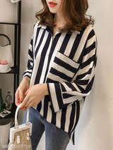 V Neck Patchwork Patchwork Stripes Blouses