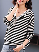 V Neck Loose Fitting Stripes Knit Pullover