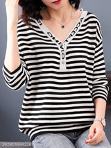 V Neck Loose Fitting Stripes Knit Pullover