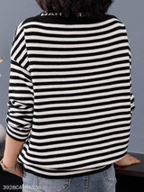 V Neck Loose Fitting Stripes Knit Pullover