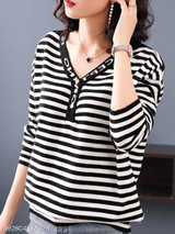 V Neck Loose Fitting Stripes Knit Pullover
