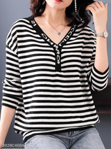 V Neck Loose Fitting Stripes Knit Pullover