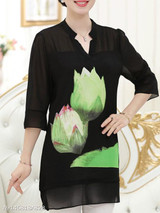 V Neck Loose Fitting Print Blouses