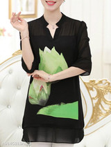 V Neck Loose Fitting Print Blouses