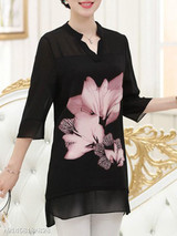 V Neck Loose Fitting Print Blouses