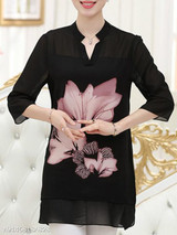 V Neck Loose Fitting Print Blouses