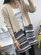 V Neck Patchwork Geometric Batwing Sleeve Knit Cardigans