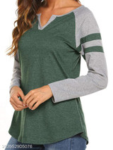 V Neck Loose Fitting Patchwork Color Block Long Sleeve T-Shirts