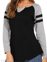 V Neck Loose Fitting Patchwork Color Block Long Sleeve T-Shirts