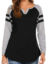 V Neck Loose Fitting Patchwork Color Block Long Sleeve T-Shirts