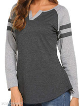 V Neck Loose Fitting Patchwork Color Block Long Sleeve T-Shirts