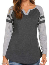 V Neck Loose Fitting Patchwork Color Block Long Sleeve T-Shirts