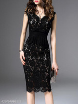 V Neck Flounce Lace Plain Bodycon Dress V Neck Flounce Lace Plain Bodycon Dress