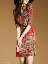 V Neck Drawstring Side Slit Printed Bodycon Dress
