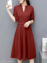 V Neck Fashion Plain Skater Dress