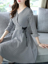 V Neck Asymmetric Hem Houndstooth Bell Sleeve Skater Dress