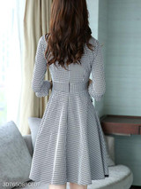 V Neck Asymmetric Hem Houndstooth Bell Sleeve Skater Dress