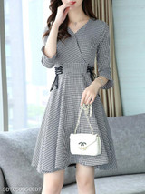V Neck Asymmetric Hem Houndstooth Bell Sleeve Skater Dress