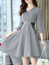 V Neck Asymmetric Hem Houndstooth Bell Sleeve Skater Dress