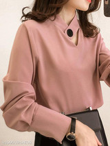 V Neck Decorative Buttons Patchwork Plain Blouses