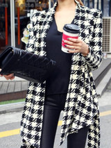 V Neck Asymmetric Hem Belt Houndstooth Trench Coat