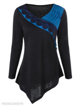 V Neck Asymmetric Hem Patchwork Color Block Lace Long Sleeve T-Shirts