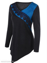 V Neck Asymmetric Hem Patchwork Color Block Lace Long Sleeve T-Shirts
