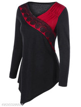 V Neck Asymmetric Hem Patchwork Color Block Lace Long Sleeve T-Shirts