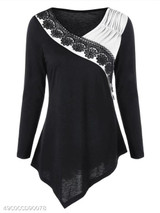 V Neck Asymmetric Hem Patchwork Color Block Lace Long Sleeve T-Shirts