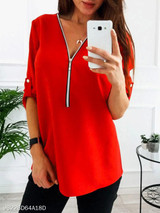 V Neck Chain Patchwork Plain Blouses