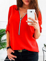 V Neck Chain Patchwork Plain Blouses