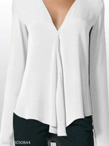 V Neck Asymmetric Hem Plain Blouses